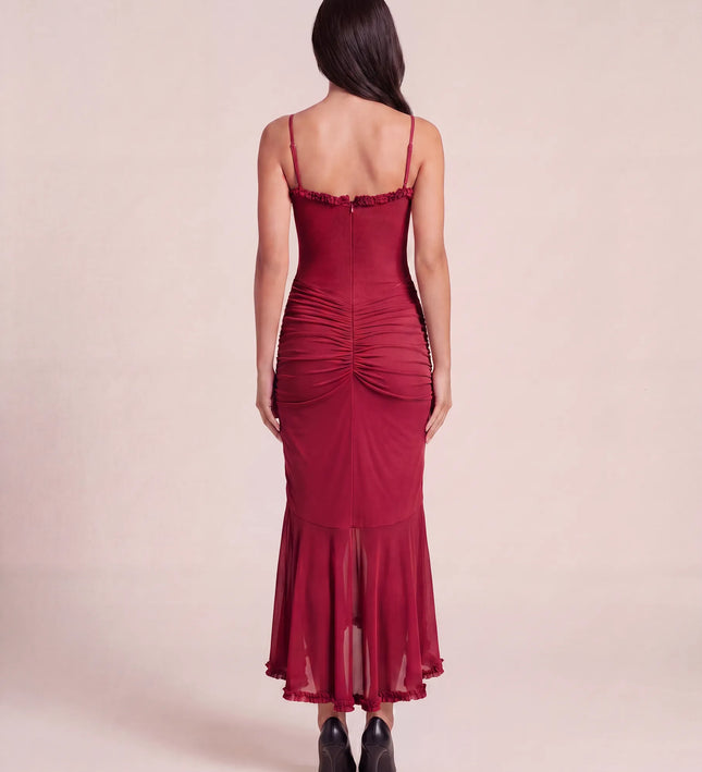 THE VALENZA RUCHED MESH MIDI DRESS IN CRIMSON ROSE