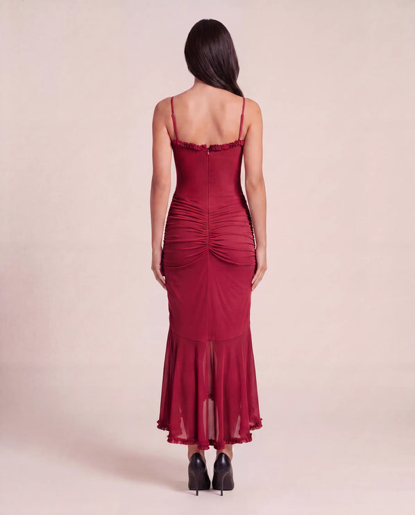 THE VALENZA RUCHED MESH MIDI DRESS IN CRIMSON ROSE