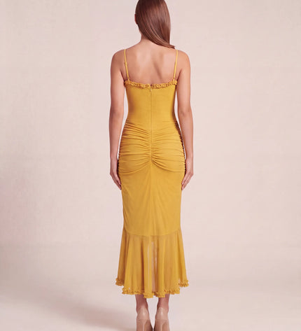 THE VALENZA RUCHED MESH MIDI DRESS IN GOLDEN MARIGOLD