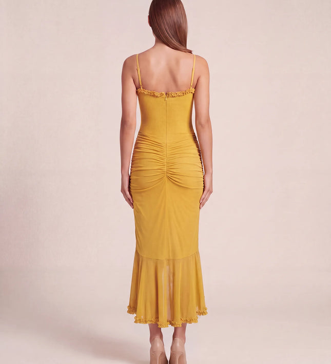 THE VALENZA RUCHED MESH MIDI DRESS IN GOLDEN MARIGOLD