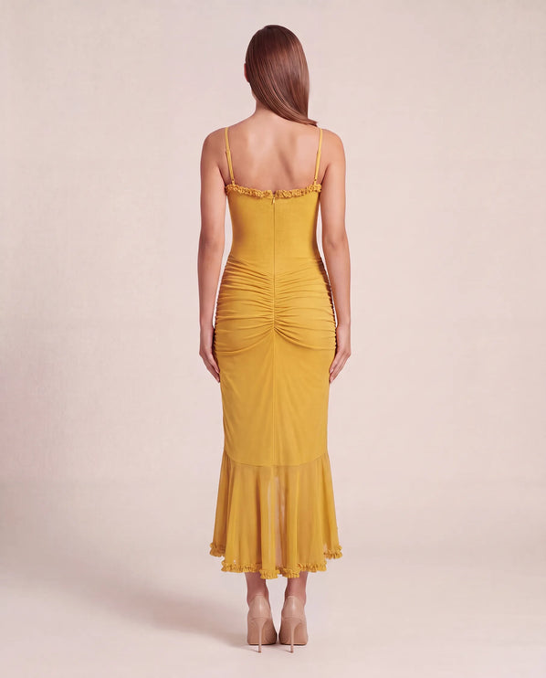 THE VALENZA RUCHED MESH MIDI DRESS IN GOLDEN MARIGOLD