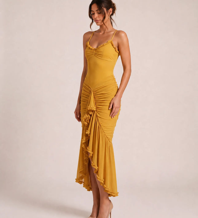 THE VALENZA RUCHED MESH MIDI DRESS IN GOLDEN MARIGOLD