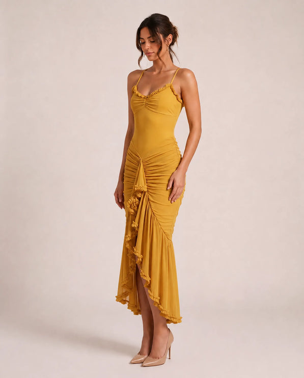 THE VALENZA RUCHED MESH MIDI DRESS IN GOLDEN MARIGOLD