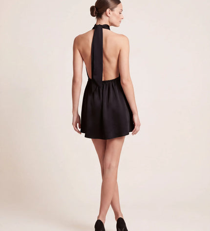 THE NERISSA SATIN TIE-NECK MINI DRESS IN BLACK