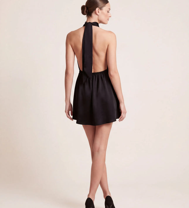 THE NERISSA SATIN TIE-NECK MINI DRESS IN BLACK