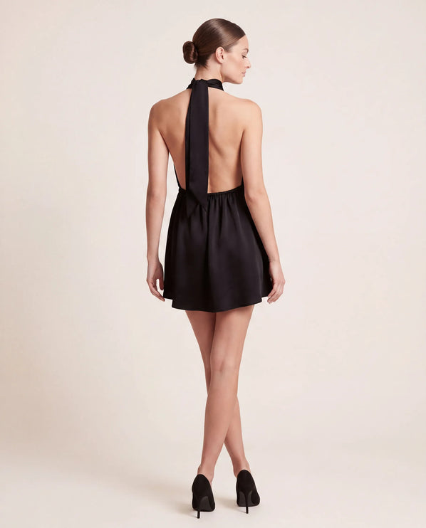 THE NERISSA SATIN TIE-NECK MINI DRESS IN BLACK