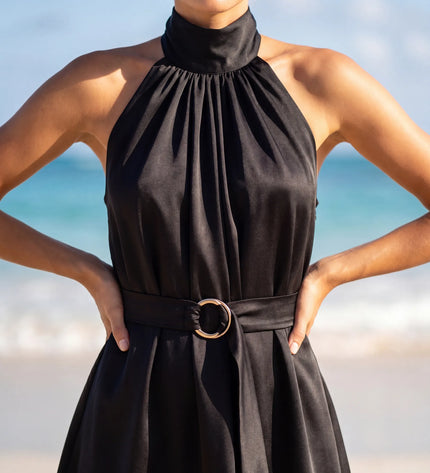 THE NERISSA SATIN TIE-NECK MINI DRESS IN BLACK