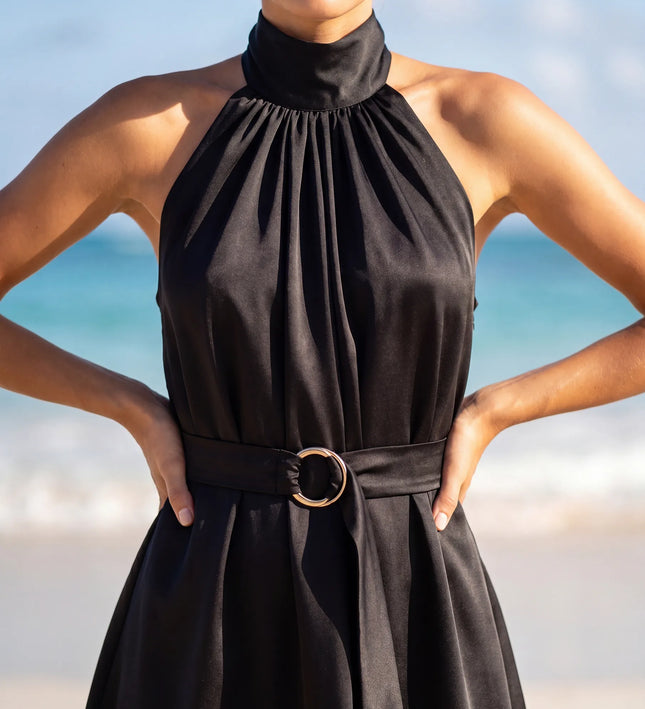 THE NERISSA SATIN TIE-NECK MINI DRESS IN BLACK