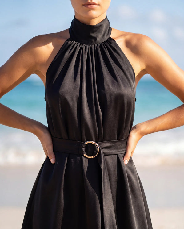 THE NERISSA SATIN TIE-NECK MINI DRESS IN BLACK