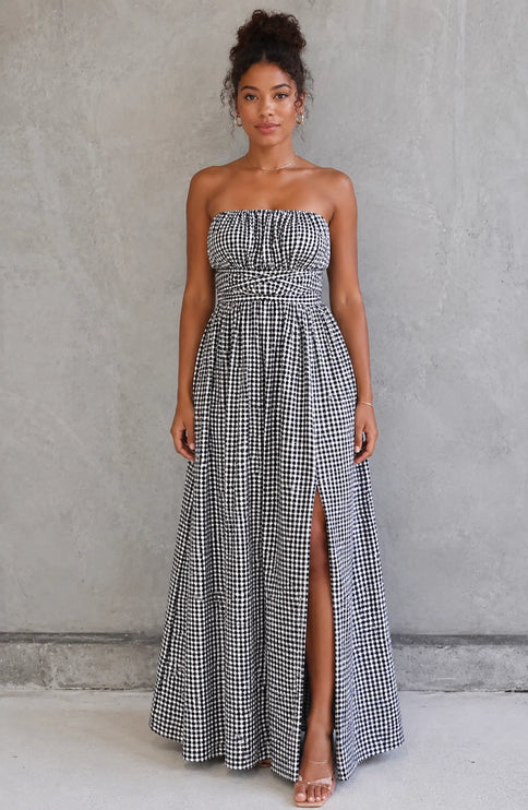 THE SERAPHINA GINGHAM MAXI DRESS IN BLACK & WHITE