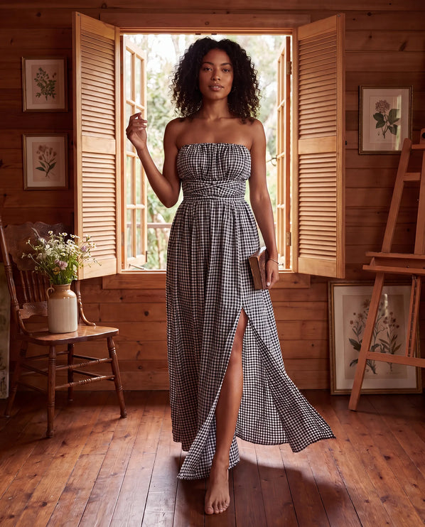 THE SERAPHINA GINGHAM MAXI DRESS IN BLACK & WHITE