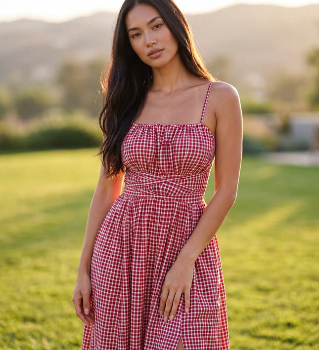 THE SERAPHINA GINGHAM MAXI DRESS IN PINK & WHITE