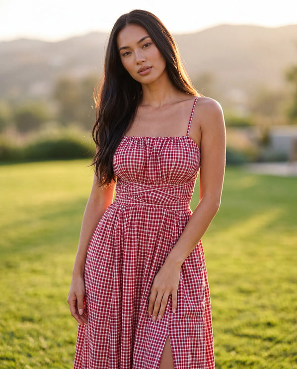 THE SERAPHINA GINGHAM MAXI DRESS IN PINK & WHITE