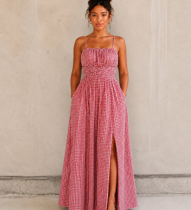 THE SERAPHINA GINGHAM MAXI DRESS IN PINK & WHITE