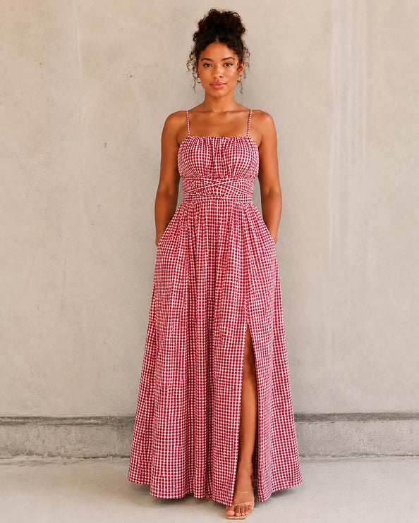 THE SERAPHINA GINGHAM MAXI DRESS IN PINK & WHITE
