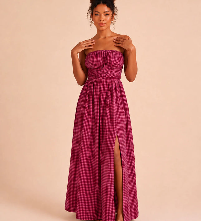 THE SERAPHINA GINGHAM MAXI DRESS IN RASPBERRY PINK