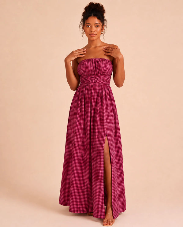 THE SERAPHINA GINGHAM MAXI DRESS IN RASPBERRY PINK