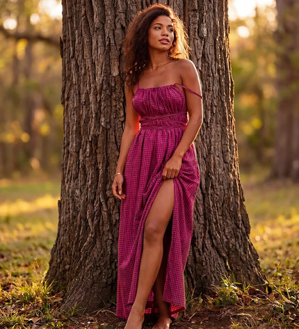 THE SERAPHINA GINGHAM MAXI DRESS IN RASPBERRY PINK
