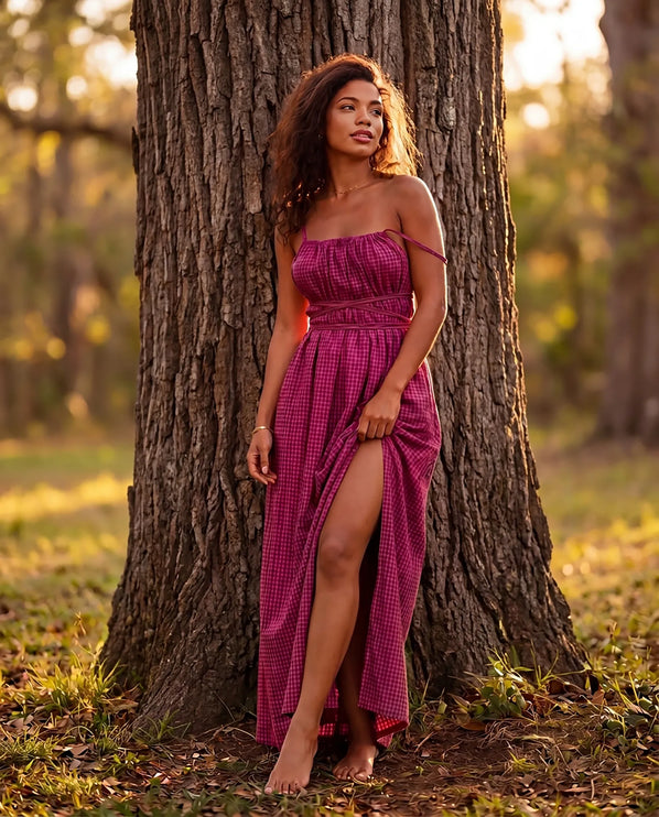 THE SERAPHINA GINGHAM MAXI DRESS IN RASPBERRY PINK