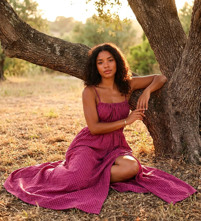 THE SERAPHINA GINGHAM MAXI DRESS IN RASPBERRY PINK