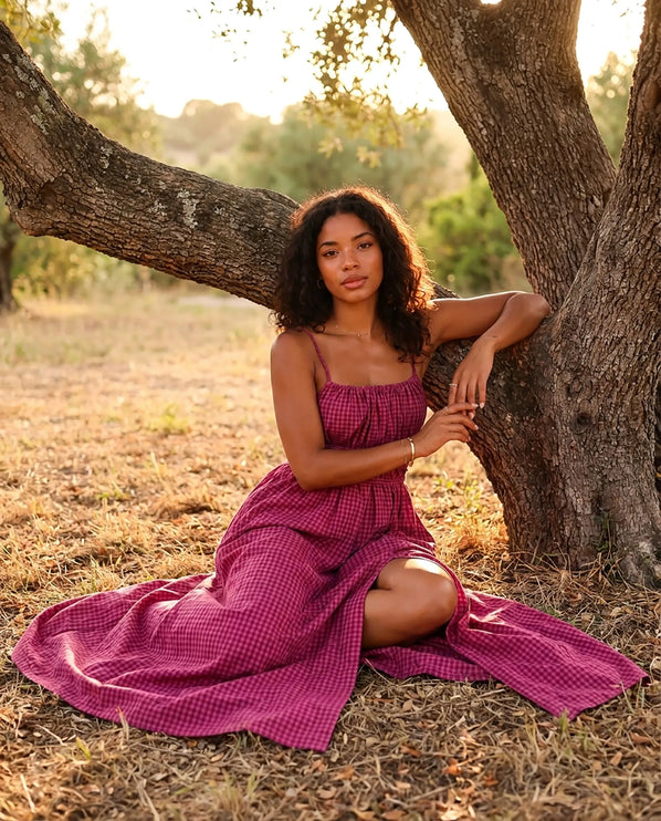 THE SERAPHINA GINGHAM MAXI DRESS IN RASPBERRY PINK