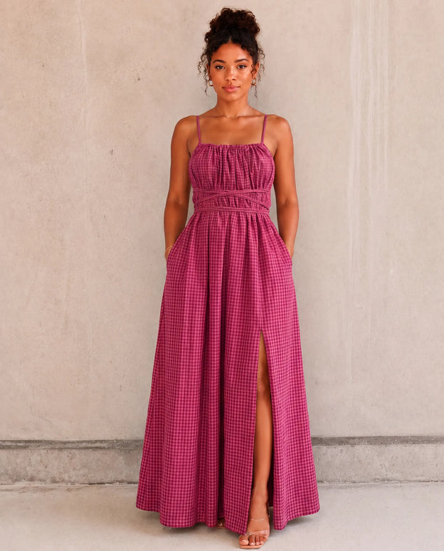 THE SERAPHINA GINGHAM MAXI DRESS IN RASPBERRY PINK