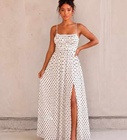 THE SERAPHINA MAXI DRESS IN WHITE & BLACK POLKA DOT