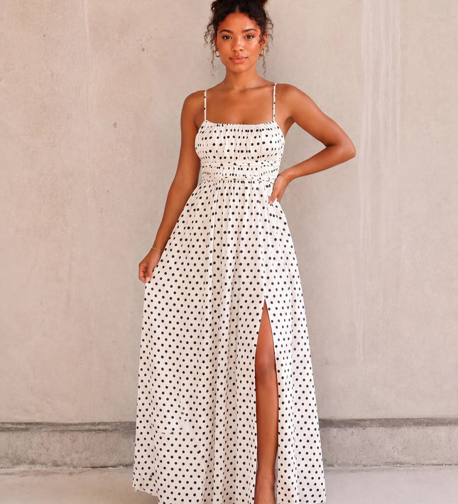 THE SERAPHINA MAXI DRESS IN WHITE & BLACK POLKA DOT
