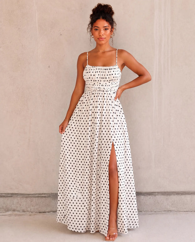 THE SERAPHINA MAXI DRESS IN WHITE & BLACK POLKA DOT