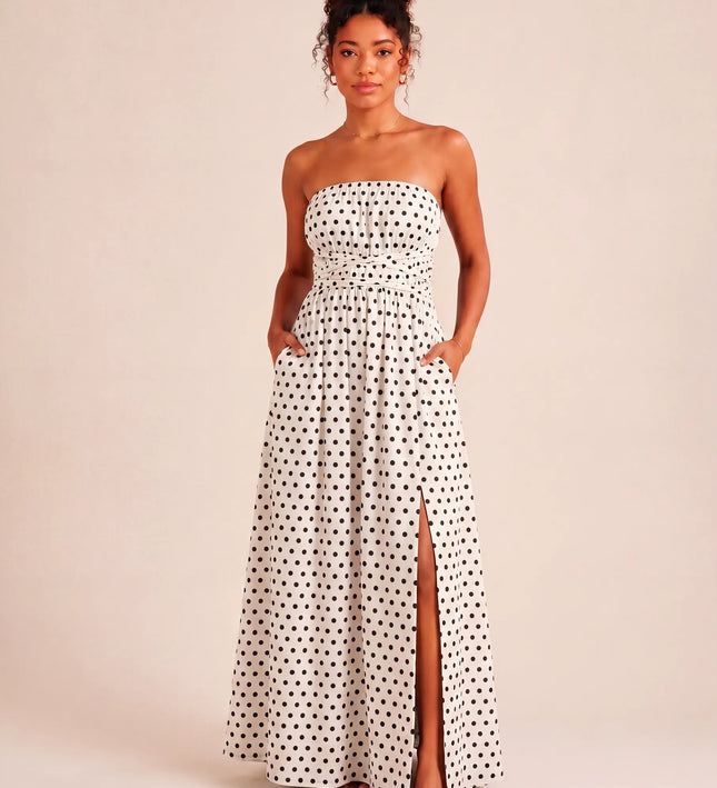 THE SERAPHINA MAXI DRESS IN WHITE & BLACK POLKA DOT