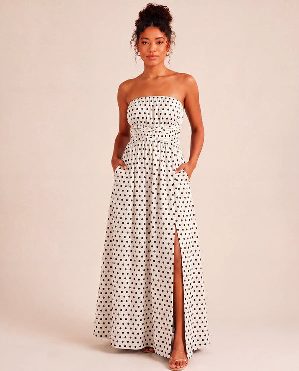 THE SERAPHINA MAXI DRESS IN WHITE & BLACK POLKA DOT