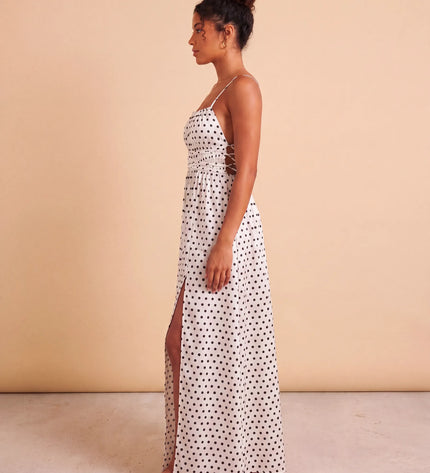 THE SERAPHINA MAXI DRESS IN WHITE & BLACK POLKA DOT