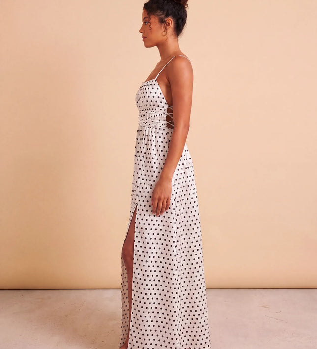 THE SERAPHINA MAXI DRESS IN WHITE & BLACK POLKA DOT