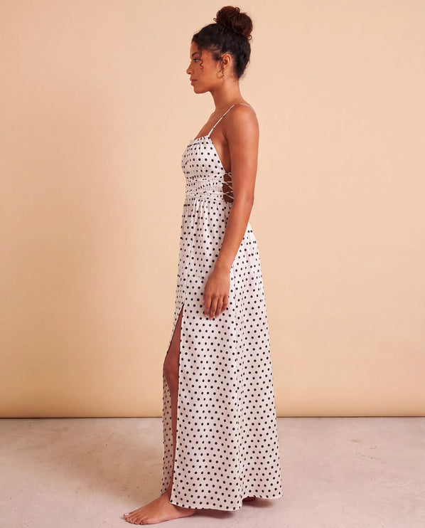 THE SERAPHINA MAXI DRESS IN WHITE & BLACK POLKA DOT