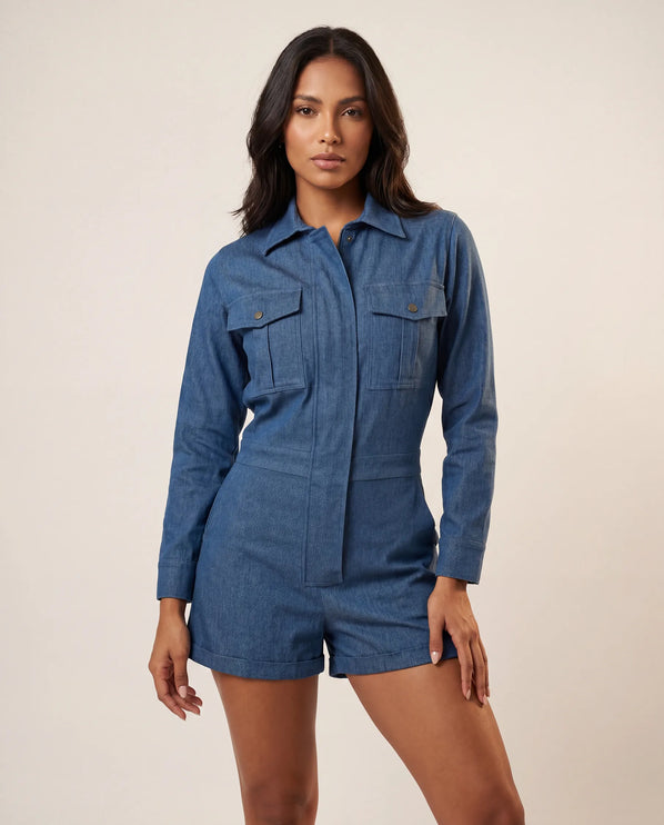 THE MARCELLA ROMPER IN VINTAGE DENIM BLUE