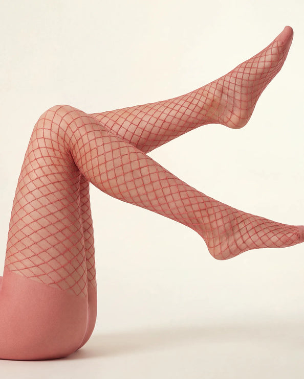 Fishnet Effect Tights - Coral Pink