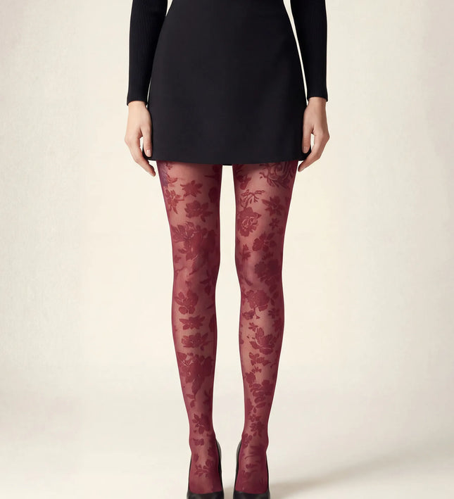 Floral Patterned Tights - Fine Wine