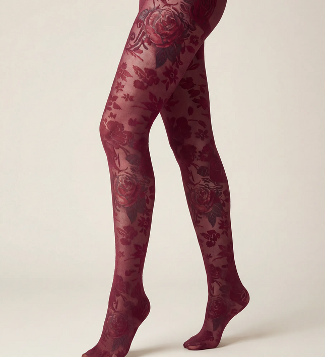 Floral Patterned Tights - Fine Wine