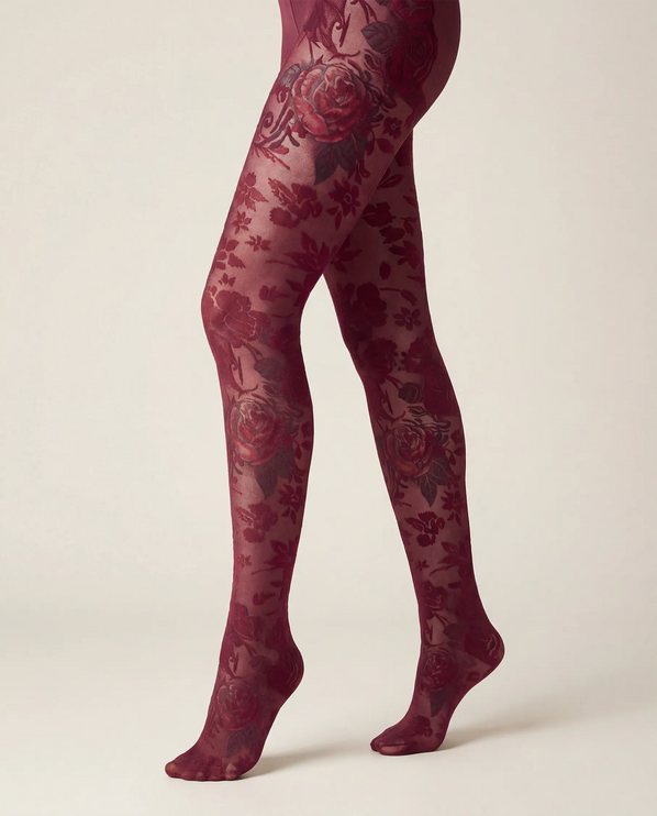 Floral Patterned Tights - Fine Wine