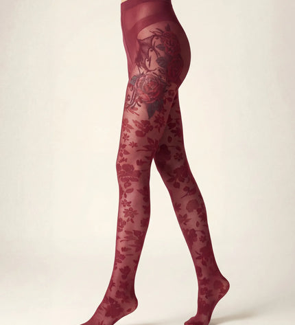 Floral Patterned Tights - Fine Wine
