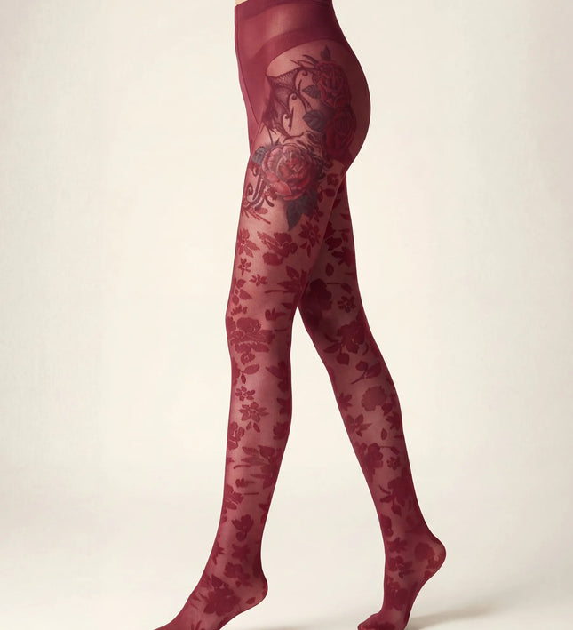 Floral Patterned Tights - Fine Wine
