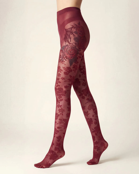 Floral Patterned Tights - Fine Wine