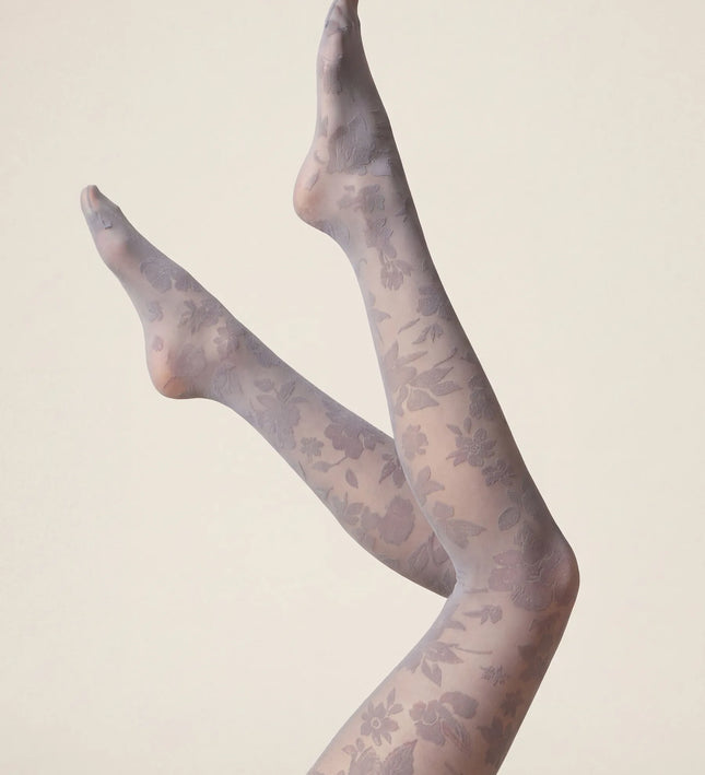 Floral Patterned Tights - Pale Grey