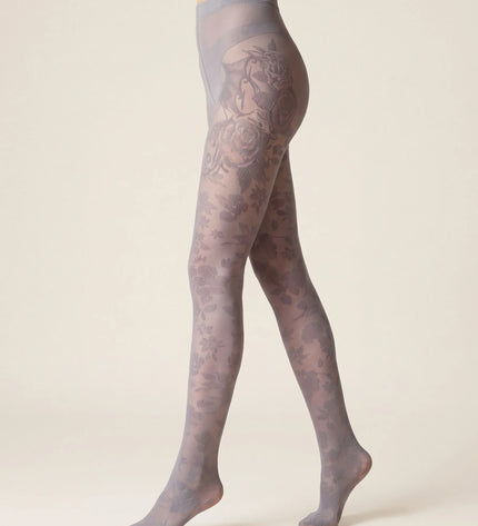 Floral Patterned Tights - Pale Grey