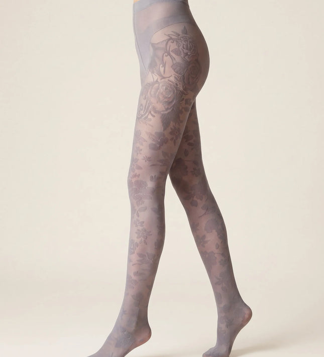 Floral Patterned Tights - Pale Grey