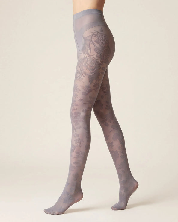Floral Patterned Tights - Pale Grey