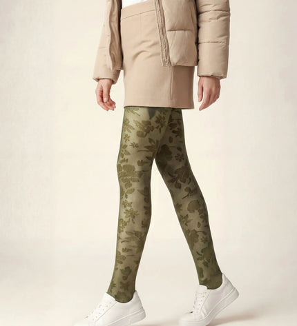 Floral Patterned Tights - Khaki