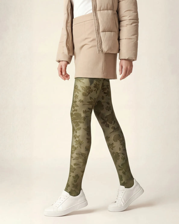 Floral Patterned Tights - Khaki