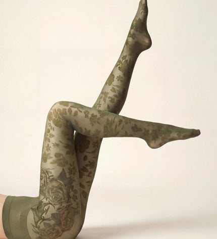 Floral Patterned Tights - Khaki