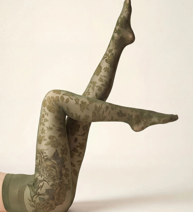 Floral Patterned Tights - Khaki